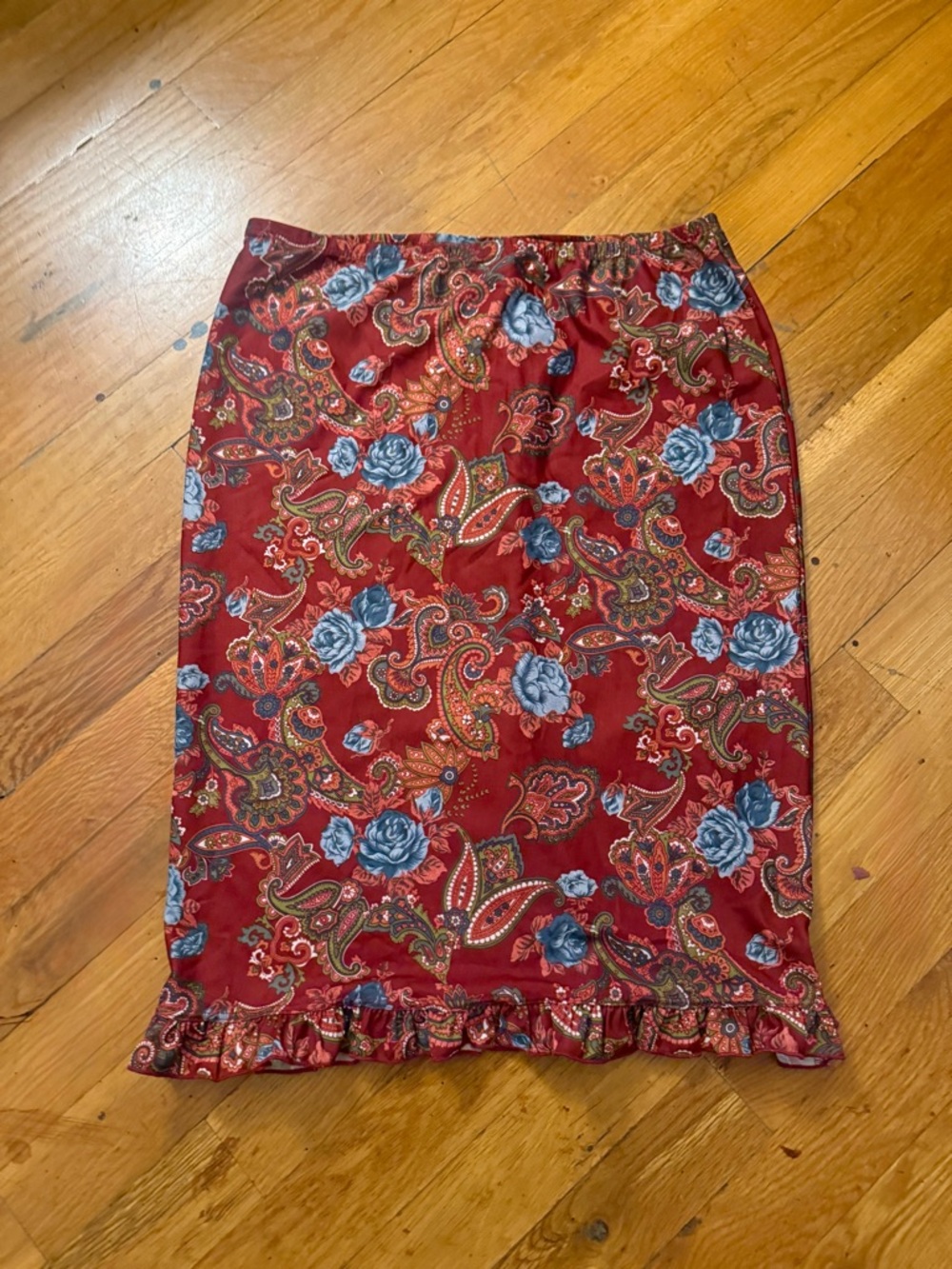 Poetry Red Paisley Floral Pencil Skirt with Blue Accents